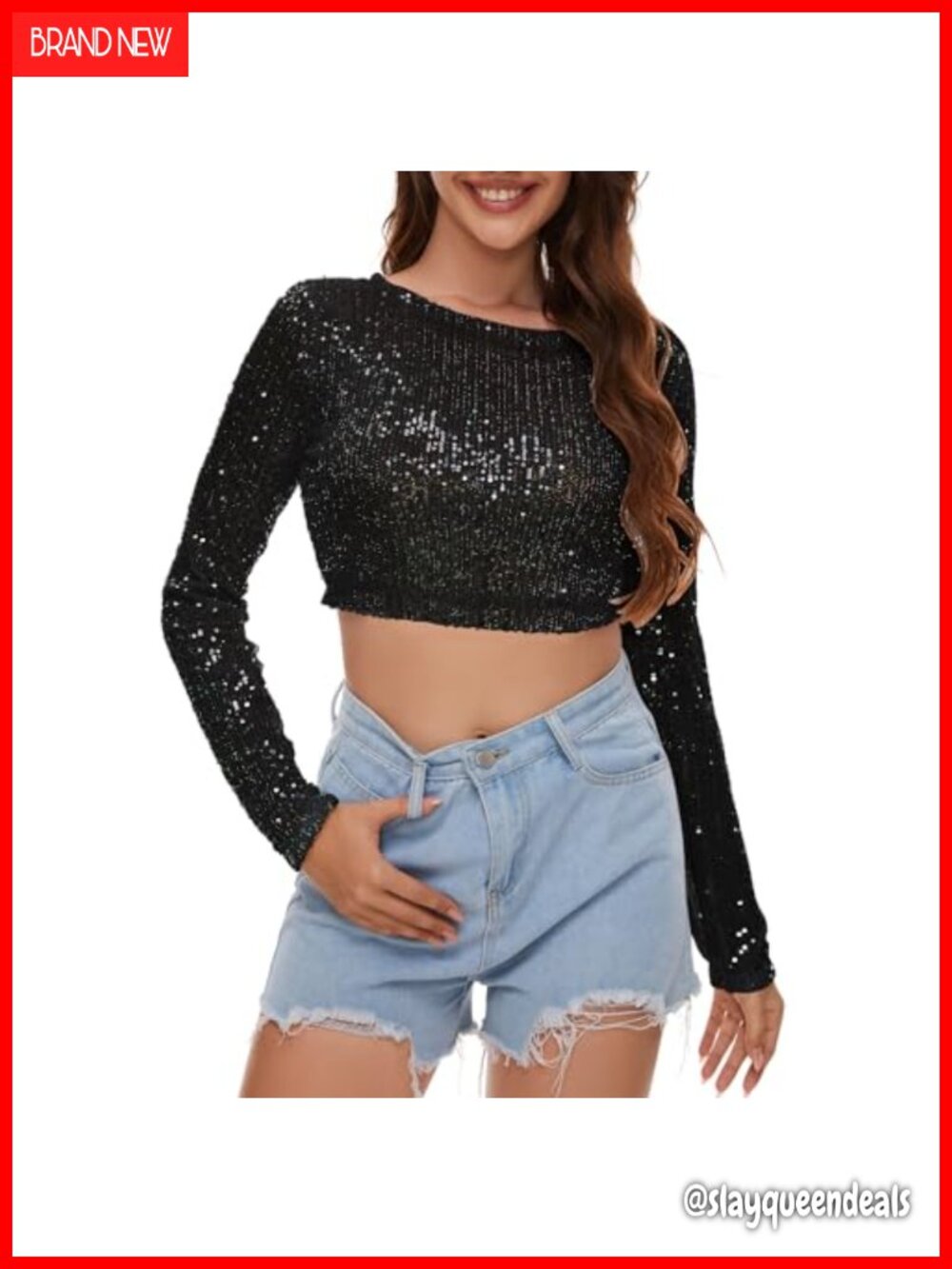 Sequin Long Sleeve Crop Top Sparkle Party Concert Rave Disco Top